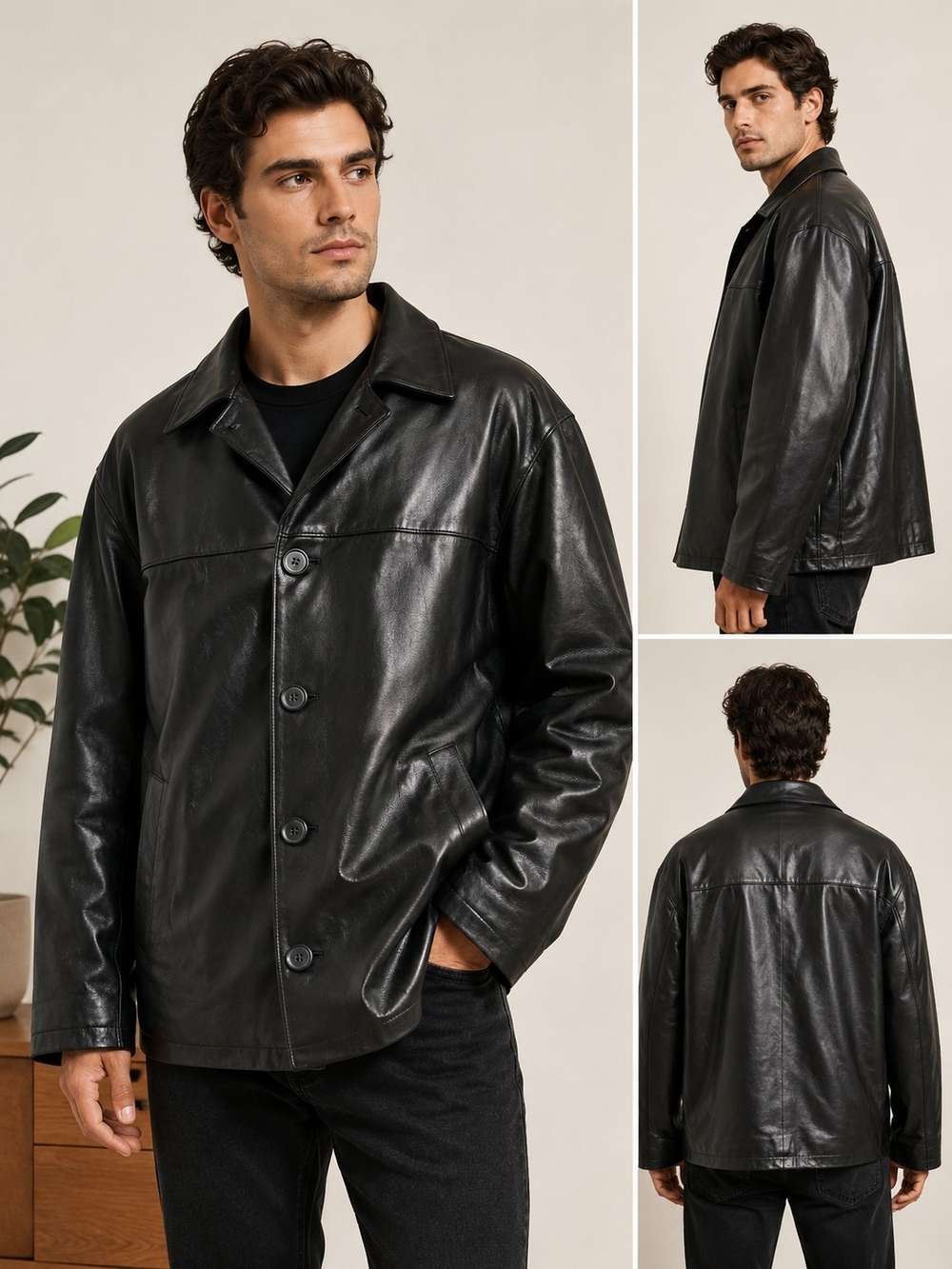 Burnside Biker Oversize Quilted Lined Black Loose Fit Leather Jacket Vintage 90s